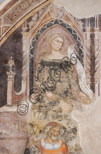 “Allegoria della Retorica”; in basso il suo rappresentante ideale, probabilmente Isocrate o Demostene. Affreschi di Jacopo di Cione (fratello dell’Orcagna,1366-1406)  su programma iconografico di Coluccio Salutati (1375-1406), conservati nel Palazzo dell'Arte dei Giudici e Notai, o del Proconsolo a Firenze.