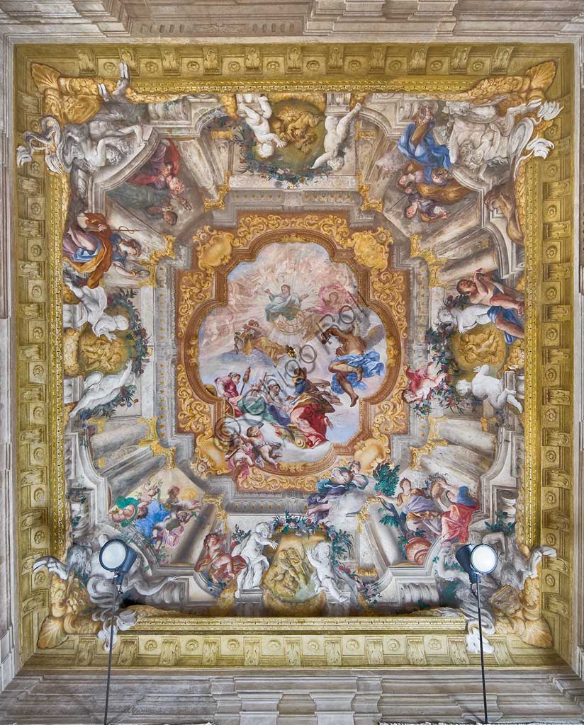 Genova, Palazzo Rosso (già Brignole Sale), Sala della Vita Umana: la volta con "Allegoria della Vita Umana"; affreschi di Giovanni Andrea Carlone, 1691 - 92, con le quattro età dell'uomo, le Virtù e le Parche.