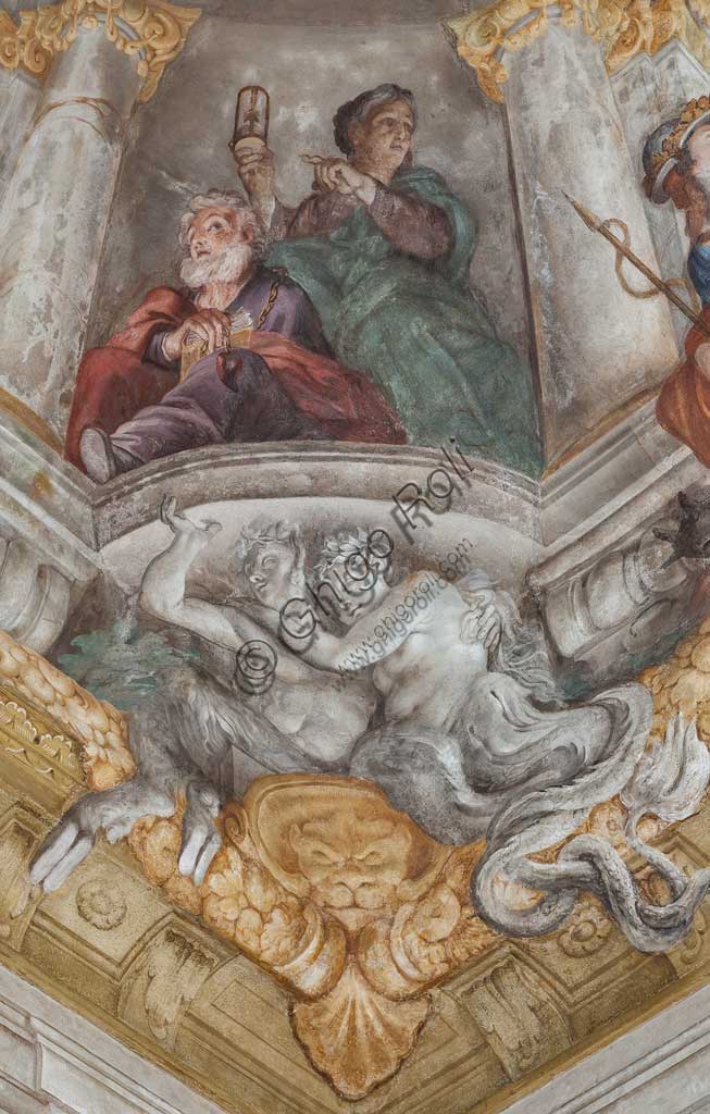 Genoa, Palazzo Rosso (former Palazzo Rodolfo e Francesco Maria Brignole Sale), the Hall of the Human Life: the vault with "The Allegory of Human Life". Frescoes by Giovanni Andrea Carlone (1691 - 92). Detail of the vault with the Old Age.World Heritage UNESCO.