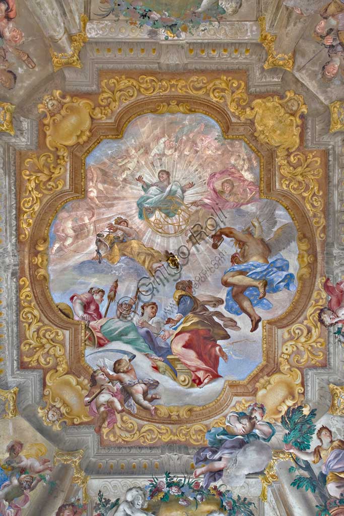 Genova, Palazzo Rosso (già Brignole Sale), Sala della Vita Umana: particolare centrale della volta con "Allegoria della Vita Umana"; affreschi di Giovanni Andrea Carlone, 1691 - 92, con (in senso orario dall'alto): Sapienza, Astronomia, Crono, Parche, Giustizia.