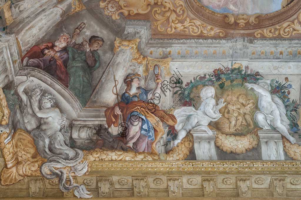 Genoa, Palazzo Rosso (former Palazzo Rodolfo e Francesco Maria Brignole Sale), the Hall of the Human Life: the vault with "The Allegory of Human Life". Frescoes by Giovanni Andrea Carlone (1691 - 92). Detail of the vault with the Old Age and the Prudence with the mirror.World Heritage UNESCO.