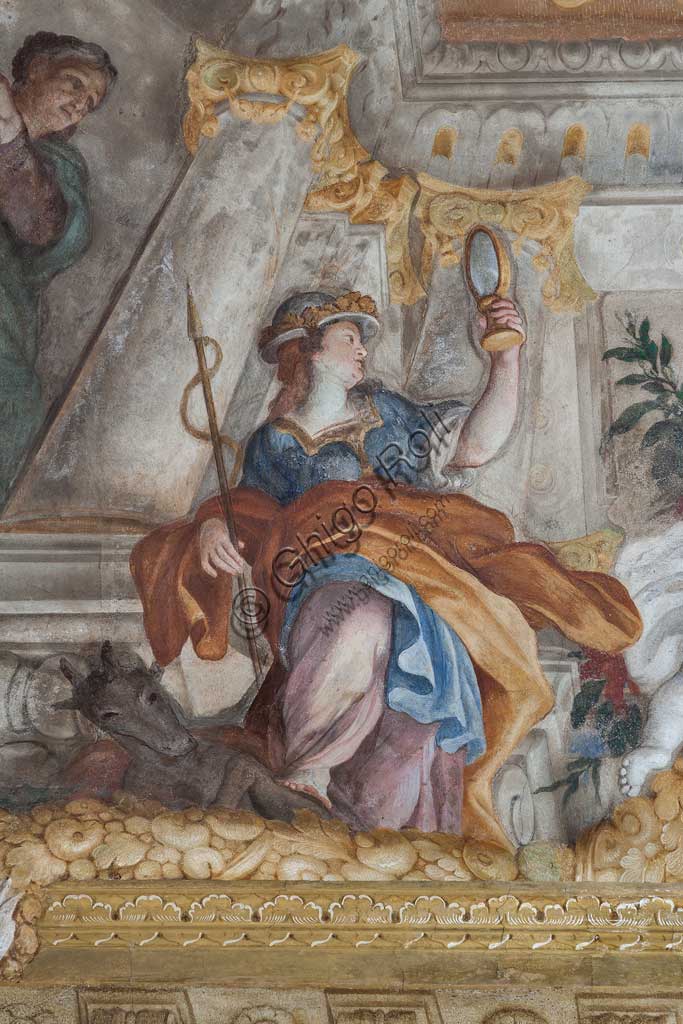 Genoa, Palazzo Rosso (former Palazzo Rodolfo e Francesco Maria Brignole Sale), the Hall of the Human Life: the vault with "The Allegory of Human Life". Frescoes by Giovanni Andrea Carlone (1691 - 92). Detail of the vault with the  Prudence (with the mirror).World Heritage UNESCO.
