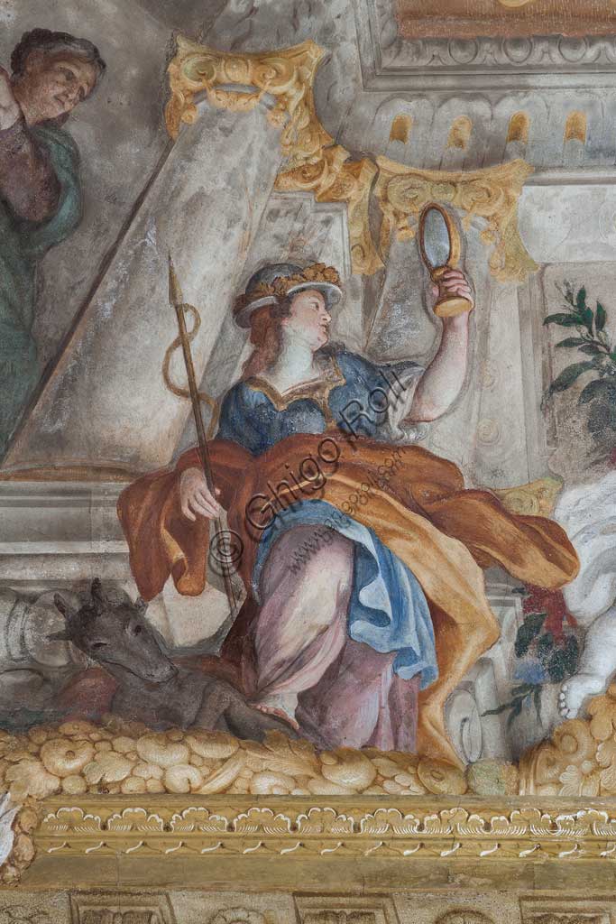 Genova, Palazzo Rosso (già Palazzo Rodolfo e Francesco Maria Brignole Sale), Sala della Vita Umana: la volta con "Allegoria della Vita Umana". Affreschi di Giovanni Andrea Carlone (1691 - 92).Particolare della volta con la Prudenza (con lo specchio).Patrimonio mondiale dell'Umanità UNESCO.