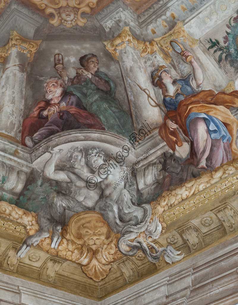 Genoa, Palazzo Rosso (former Palazzo Rodolfo e Francesco Maria Brignole Sale), the Hall of the Human Life: the vault with "The Allegory of Human Life". Frescoes by Giovanni Andrea Carlone (1691 - 92). Detail of the vault with the Old Age.World Heritage UNESCO.
