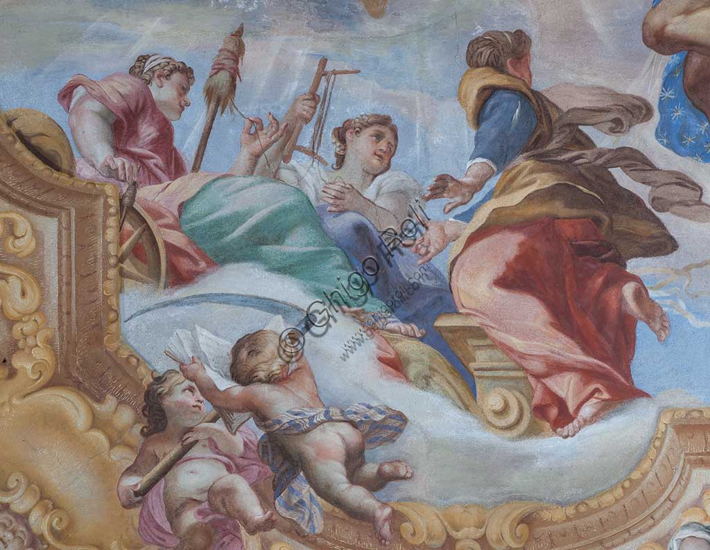 Genoa, Palazzo Rosso (former Palazzo Rodolfo e Francesco Maria Brignole Sale), the Hall of the Human Life: the vault with "The Allegory of Human Life". Frescoes by Giovanni Andrea Carlone (1691 - 92).Detail with the Fates.World Heritage UNESCO.