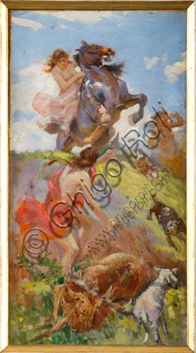 Collezione Assicoop - Unipol,  inv. n° 449: Achille Boschi (1852 - 1930), "Amazzoni a caccia di un cervo (1)". Olio su tela incollata su cartone.