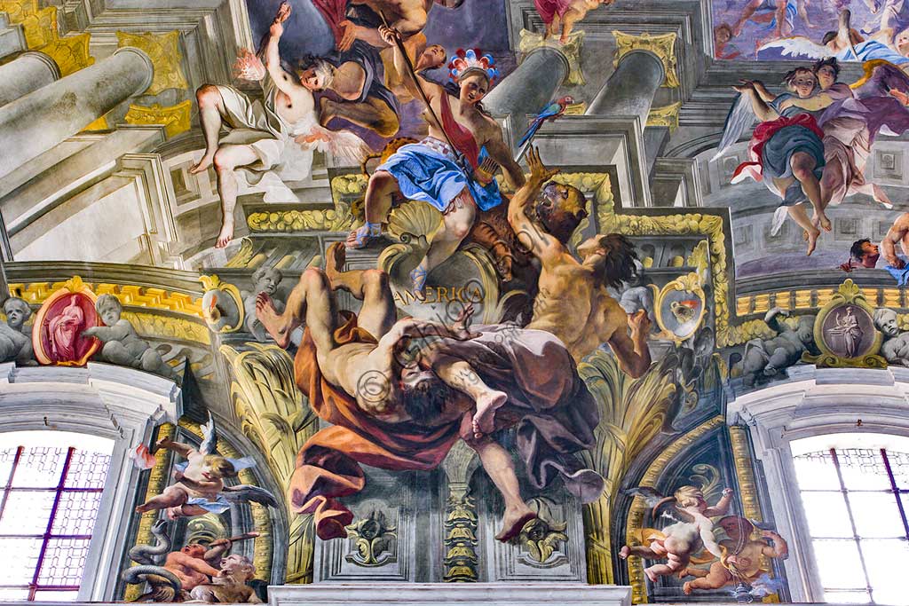 Rome, S. Ignazio Church, interior: detail of one of the pendentives of the vault of the nave with allegories of the continents: "America", fresco by Andrea Pozzo, 1685.