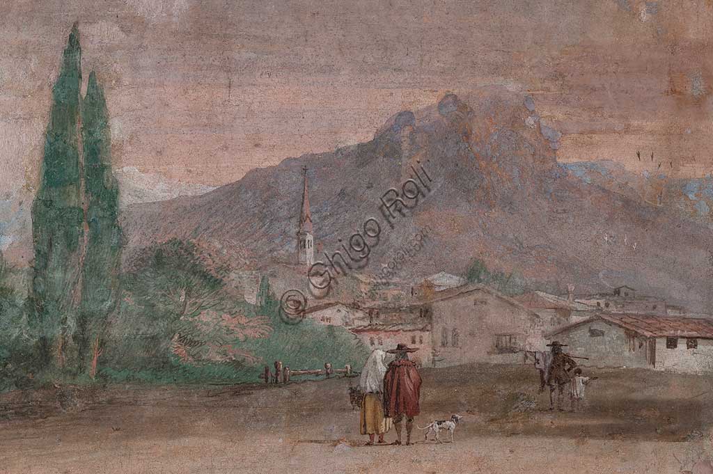 Vicenza, Villa Valmarana ai Nani, Palazzina (Small Building): view of the first room and its frescoes representing episodes from  the Iliad: "Cupid with arrows flying over a Venetian landscape".  Frescoes by Giandomenico  Tiepolo, 1756 - 1757. Detail regarding the landscape.