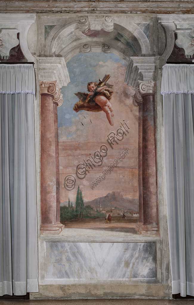 Vicenza, Villa Valmarana ai Nani, Palazzina (Small Building): view of the first room and its frescoes representing episodes from  the Iliad: "Cupid with arrows flying over a Venetian landscape".  Frescoes by Giandomenico  Tiepolo, 1756 - 1757.