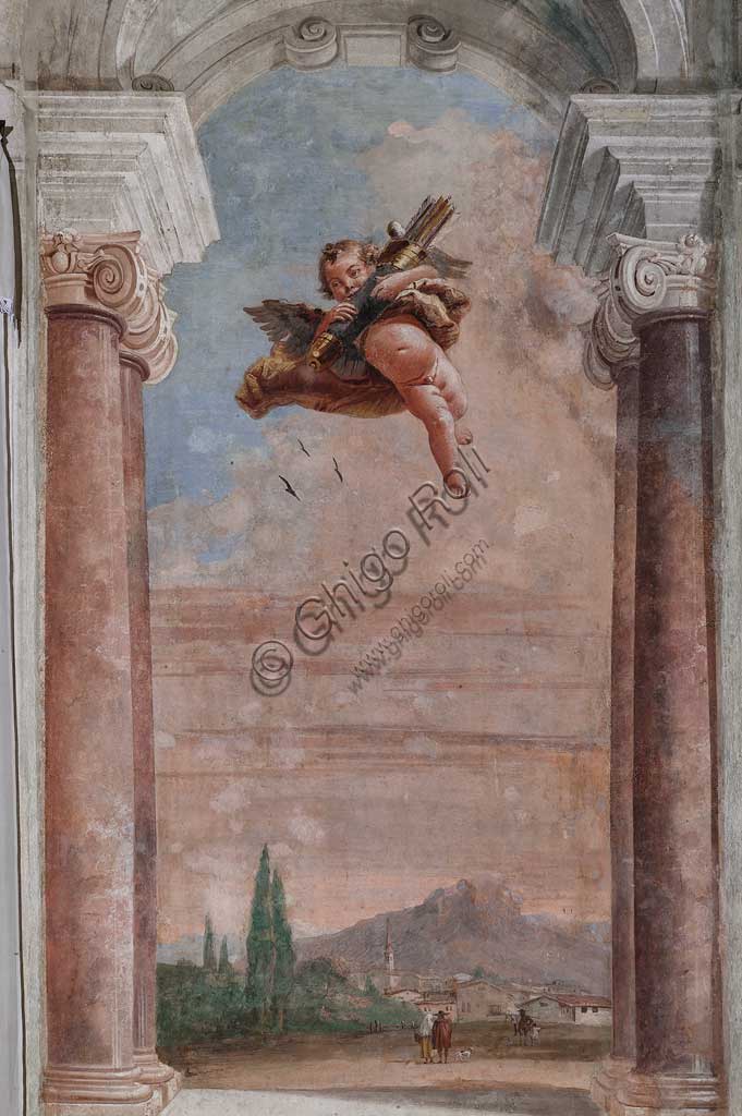 Vicenza, Villa Valmarana ai Nani, Palazzina (Small Building): view of the first room and its frescoes representing episodes from  the Iliad: "Cupid with arrows flying over a Venetian landscape".  Frescoes by Giandomenico  Tiepolo, 1756 - 1757.