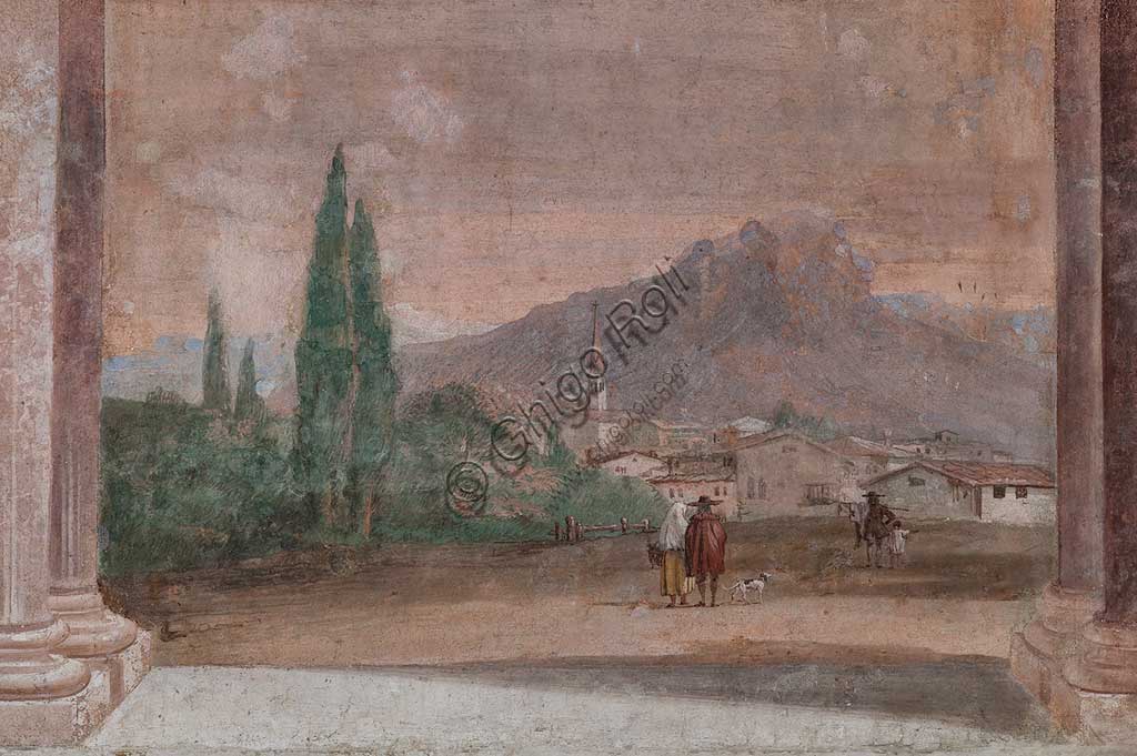 Vicenza, Villa Valmarana ai Nani, Palazzina (Small Building): view of the first room and its frescoes representing episodes from  the Iliad: "Cupid with arrows flying over a Venetian landscape".  Frescoes by Giandomenico  Tiepolo, 1756 - 1757. Detail regarding the landscape.