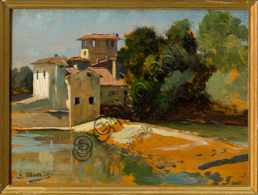 Giovanni Muzzioli (1854 - 1894):  "S. Andrea a Rovezzano (FI)"; olio su tavola; cm.  14,5 X 19,5.