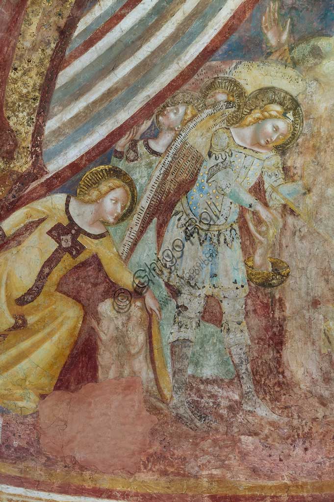 Codigoro, Pomposa Abbey, interior of the Basilica of Santa Maria, the apse basin: frescoes by Vitale da Bologna. Detail with angels and saints.