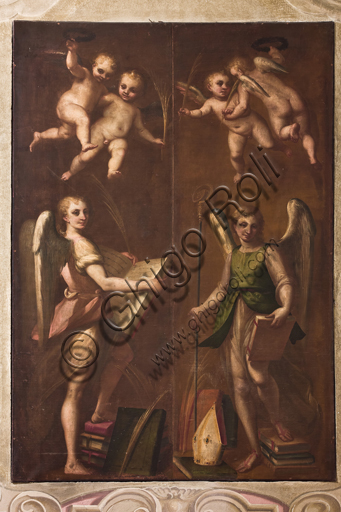 , Genoa, Duomo (St. Lawrence Cathedral), sacristy, chapel: "Angels with episcopal insignia, books and palm branches", by Luca Cambiaso, about 1580.