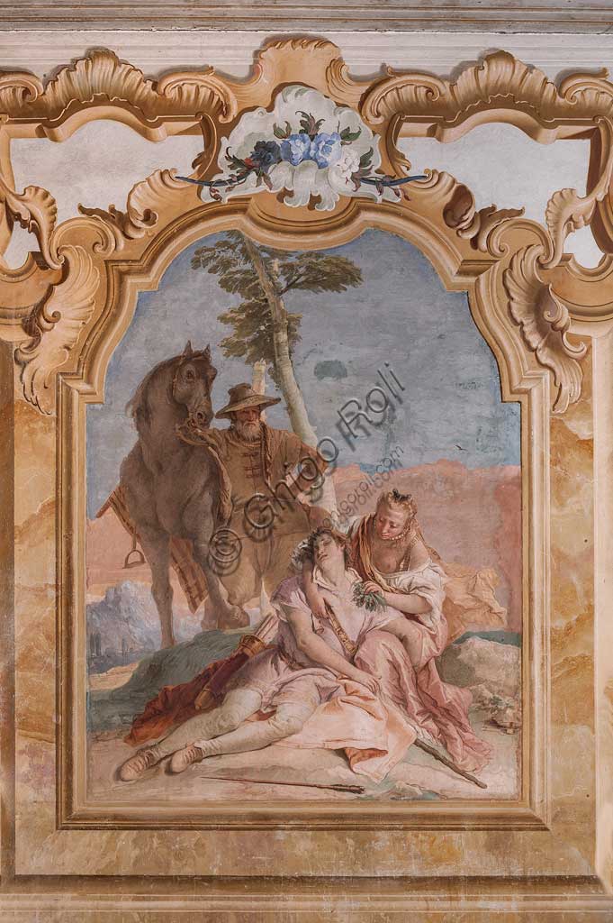 Vicenza, Villa Valmarana ai Nani, Palazzina (Small Building): second room or room of Ariosto with frescoes representing episodes from "Orlando Furioso": "Angelica takes care of Medoro's wounds".  Frescoes by Giambattista Tiepolo, 1756 - 1757.