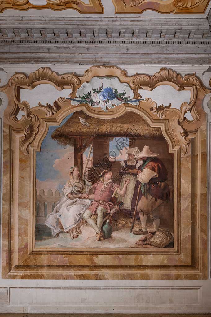 Vicenza, Villa Valmarana ai Nani, Palazzina: seconda stanza o stanza dell'Ariosto con episodi tratti dall'Orlando Furioso: "Angelica e Medoro nella casa dei pastori".  Affreschi di Giambattista Tiepolo, 1756 - 1757.