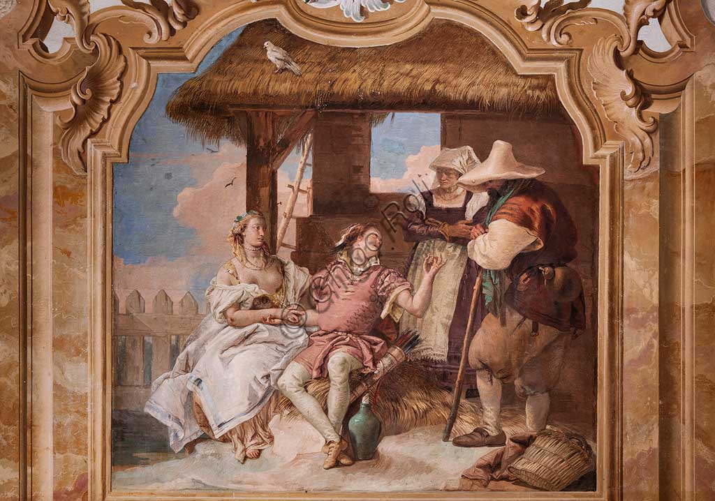 Vicenza, Villa Valmarana ai Nani, Palazzina: seconda stanza o stanza dell'Ariosto con episodi tratti dall'Orlando Furioso: "Angelica e Medoro nella casa dei pastori".  Affreschi di Giambattista Tiepolo, 1756 - 1757.