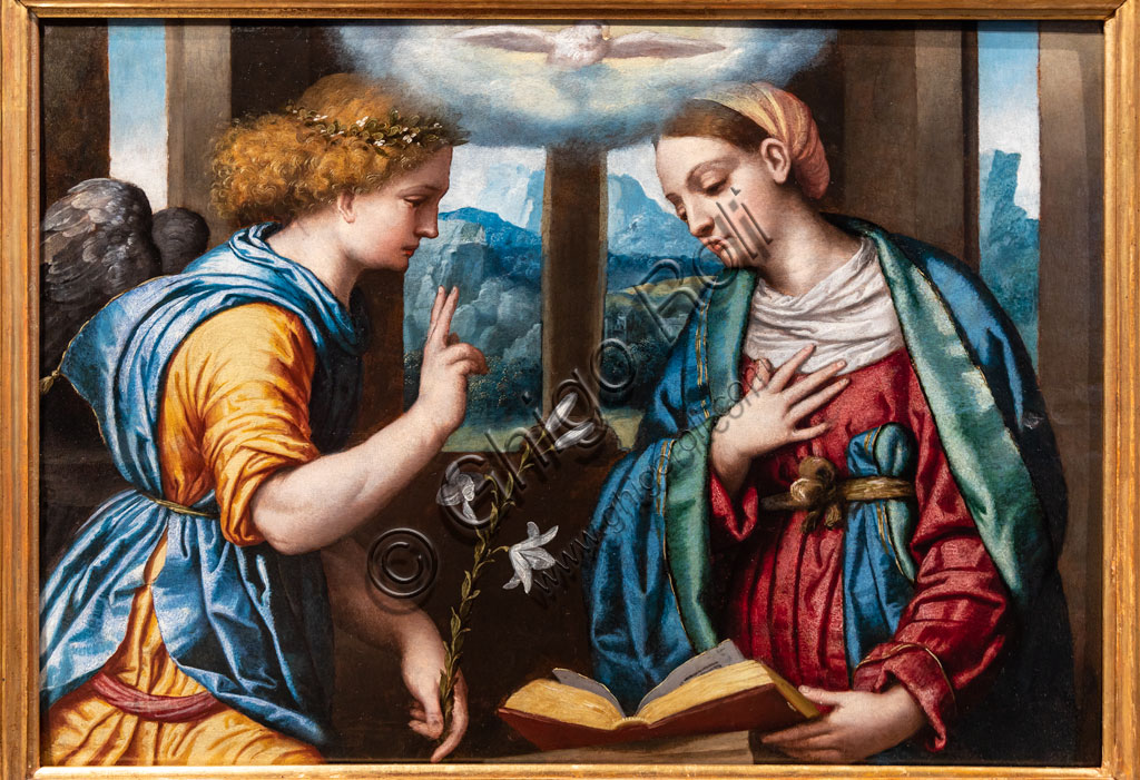 Brescia, Pinacoteca Tosio Martinengo: "Annunciation", by Alessandro Bonvicino known as il Moretto, about 1535-40. Oil painting on panel.