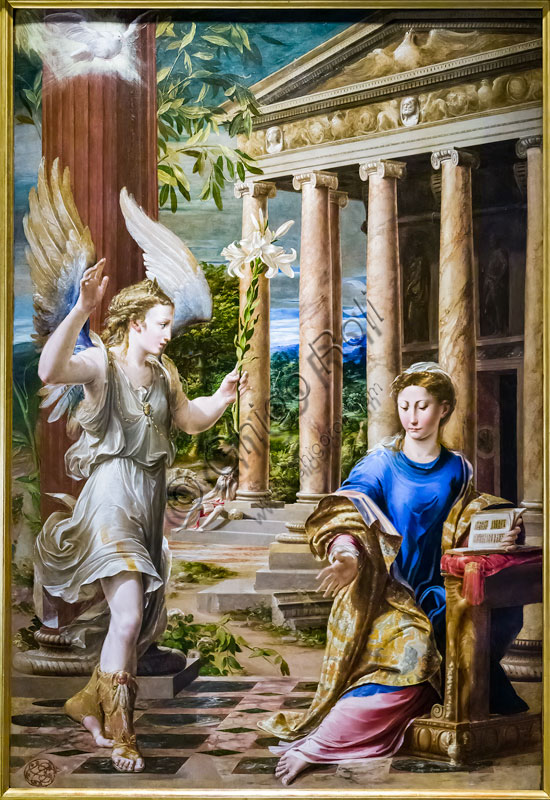 “Annunciation”, by Girolamo Mazzola Bedoli, about 1540, oil (mixed media?) on panel.