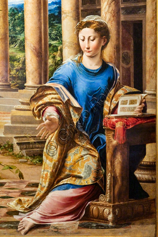 “Annunciazione”, di Girolamo Mazzola Bedoli, 1540 circa, olio (tecnica mista?), su tavola. Particolare.