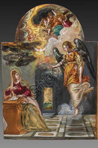  Modena, Galleria Estense: Portable altar by Domenico Theotokòpoulòs known as El Greco (1541-1614). Tempera grassa panel. Left door panel on the backside: "Annunciation".