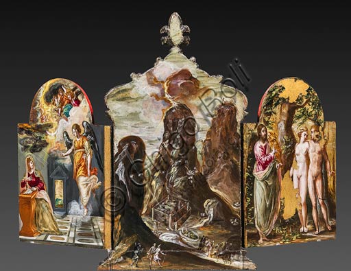 Modena, Galleria Estense: altarolo portatile di Domenico Theotokòpoulòs detto El Greco (1541-1614). Tempera grassa su tavola, cm 37 x 23,8. Veduta del retro con "Annunciazione" a sinistra, "Consegna delle Tavole della Legge sul monte Sinai" al centro e "Adamo ed Eva al cospetto del Padre Eterno" a destra. 