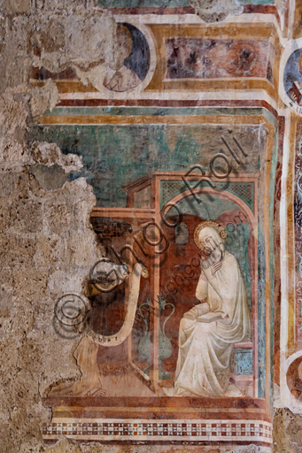 Orvieto, Badia (Abbazia dei Santi Severo e Martirio), oratorio del Crocifisso, che probabilmente era un antico e vasto refettorio: "Annunciazione", affresco dell’ultimo quarto del XIII. 