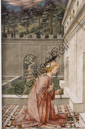  Spoleto, the Duomo (Cathedral of S. Maria Assunta), presbytery, tholobate: "Annunciation", fresco by Filippo Lippi, helped by Fra' Diamante and Pier Matteo d'Amelia, 1468-9.  Detail of the Archangel Gabriele holding the lily, symbol of purity.