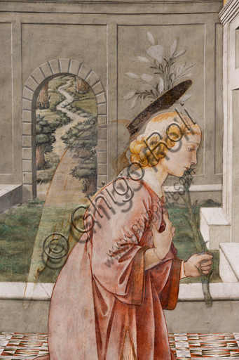 Spoleto, Duomo (Cattedrale di Santa Maria Assunta), presbiterio, tamburo: "Annunciazione", affresco di Filippo Lippi, con l'aiuto di Fra' Diamante e Pier Matteo d'Amelia, 1468-9. Particolare con l'arcangelo Gabriele che tiene in mano il giglio, simbolo di purezza.