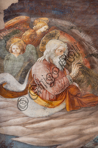 Spoleto, Duomo (Cattedrale di Santa Maria Assunta), presbiterio, tamburo: "Annunciazione", affresco di Filippo Lippi, con l'aiuto di Fra' Diamante e Pier Matteo d'Amelia, 1468-9. Particolare di Dio e angeli.