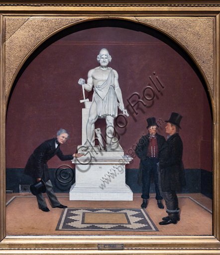  "Anton Frederik Tscherning showing the statue of Vulcano to two pesants in the Thorvaldsen Museum", about 1860-5, by Carl Michael Dahl  (1812 - 1865), oil on canvas.