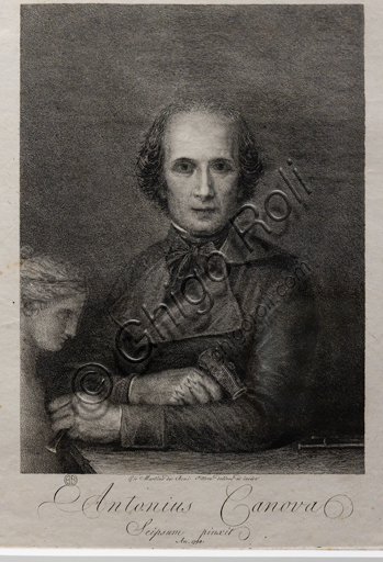 "Antonio Canova " (dal dipinto conservato al Museo di Roma), 1806, di Giovanni Martino De Boni (1753 - 1831), acquaforte e bulino.