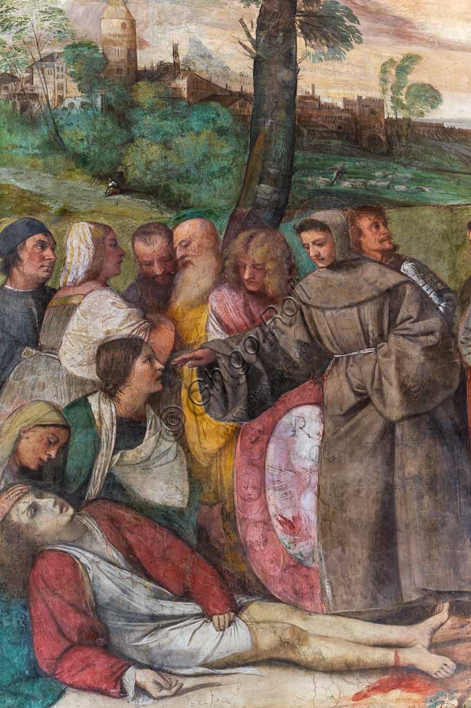   Padua, Basilica di St Anthony or of the Saint, Scuola del Santo (School of the Saint), Salon: detail of "St. Anthony reattaches the foot to a young man",  fresco by Tiziano Vecellio.
