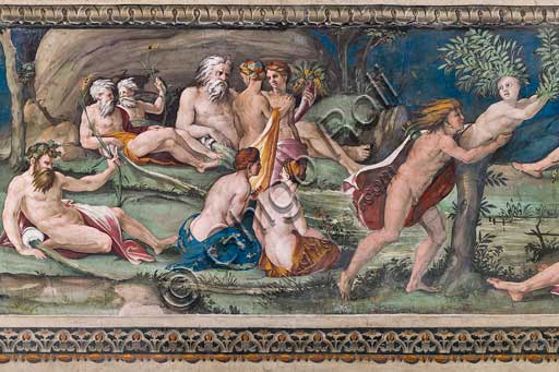 Roma, Villa Farnesina, Sala delle Prospettive: fregio superiore con scene mitologiche ispirate alle Metamorfosi di Ovidio.  Affreschi di Baldassarre Peruzzi e bottega (Giulio Romano?) 1517-18. Particolare con Apollo che si protende verso Dafne, convinto ormai di averla raggiunta. Proprio mentre l'afferra si rende conto che questa ha iniziato a trasformarsi in un albero. Dafne vorrebbe proseguire la sua corsa, tanto che la parte superiore del suo corpo è sbilanciata in avanti, ma le sue gambe rimangono fissate al terreno, sono ormai tronco, e la sua metamorfosi sta per compiersi. Il personaggio disteso davanti a lei, con una folta barba bianca, che si appoggia ad un'urna, dovrebbe impersonare il dio-fiume Peneo, padre di Dafne, che ha ascoltato le preghiere della figlia e ha acconsentito alla sua trasformazione in albero, affinché questa possa tener fede al suo voto di castità. Disposte attorno ai protagonisti principali, figure di ninfe ed altre divinità fluviali.