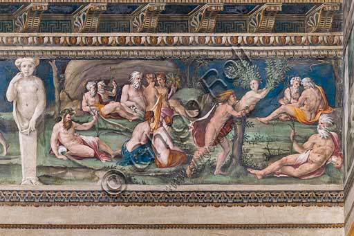 Roma, Villa Farnesina, Sala delle Prospettive: fregio superiore con scene mitologiche ispirate alle Metamorfosi di Ovidio.  Affreschi di Baldassarre Peruzzi e bottega (Giulio Romano?) 1517-18. Particolare con Apollo che si protende verso Dafne, convinto ormai di averla raggiunta. Proprio mentre l'afferra si rende conto che questa ha iniziato a trasformarsi in un albero. Dafne vorrebbe proseguire la sua corsa, tanto che la parte superiore del suo corpo è sbilanciata in avanti, ma le sue gambe rimangono fissate al terreno, sono ormai tronco, e la sua metamorfosi sta per compiersi. Il personaggio disteso davanti a lei, con una folta barba bianca, che si appoggia ad un'urna, dovrebbe impersonare il dio-fiume Peneo, padre di Dafne, che ha ascoltato le preghiere della figlia e ha acconsentito alla sua trasformazione in albero, affinché questa possa tener fede al suo voto di castità. Disposte attorno ai protagonisti principali, figure di ninfe ed altre divinità fluviali.