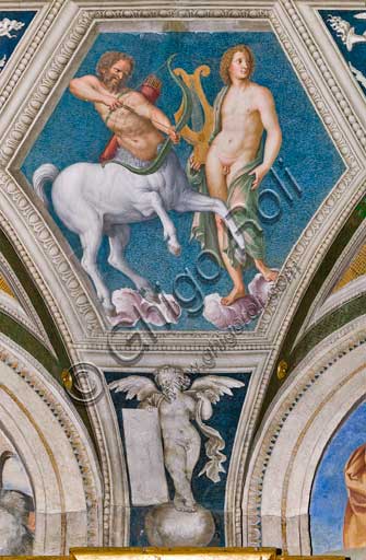Rome, Villa Farnesina, the Loggia of Galatea, detail of the vault: "Apollo and a Centaur", and the astrological sign of the Sagittarius. Fresco by Baldassarre Peruzzi (1511).