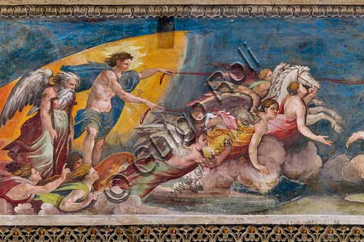 Rome, Villa Farnesina, The Hall of Perspectives: the ample frieze with mythological scenes inspired by the Ovid  Metamorphoses.  Detail with Apollo - Helios driving the chariot of the Sun. Frescoes by Baldassarre Peruzzi (1517-8).