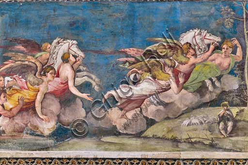 Roma, Villa Farnesina, Sala delle Prospettive: fregio superiore con scene mitologiche ispirate alle Metamorfosi di Ovidio.  Particolare con Apollo - Helios che conduce il Carro del Sole.  Affreschi di Baldassarre Peruzzi e bottega (1517-18).  