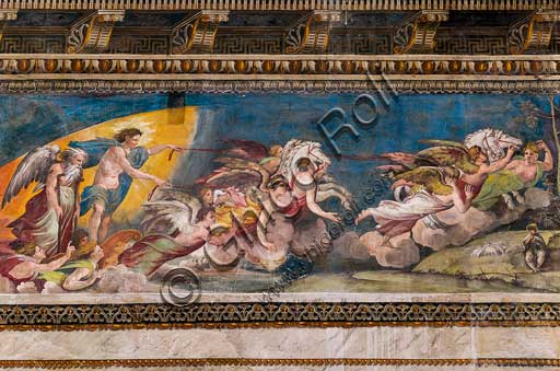 Roma, Villa Farnesina, Sala delle Prospettive: fregio superiore con scene mitologiche ispirate alle Metamorfosi di Ovidio.  Particolare con Apollo - Helios che conduce il Carro del Sole.  Affreschi di Baldassarre Peruzzi e bottega (1517-18).  