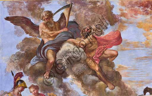 Palermo, The Royal Palace or Palazzo dei Normanni (Palace of the Normans), the Royal Apartment, The Hercules Hall (Parliament of the Sicily Regional Assembly), the vault: "Apotheosis of Hercules", wall painting by Giuseppe Velasco, 1812. Detail.