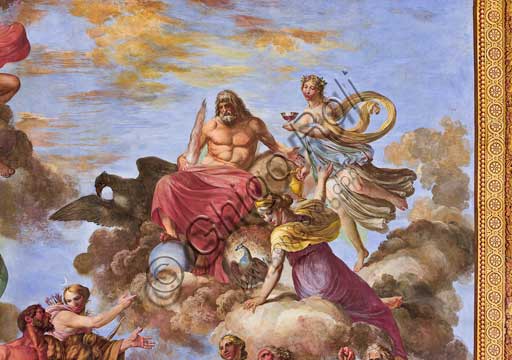 Palermo, The Royal Palace or Palazzo dei Normanni (Palace of the Normans), the Royal Apartment, The Hercules Hall (Parliament of the Sicily Regional Assembly), the vault: "Apotheosis of Hercules", wall painting by Giuseppe Velasco, 1812. Detail representing Artemis and Jupiter with the eagle.