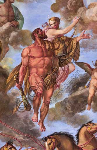 Palermo, The Royal Palace or Palazzo dei Normanni (Palace of the Normans), the Royal Apartment, The Hercules Hall (Parliament of the Sicily Regional Assembly), the vault: "Apotheosis of Hercules", wall painting by Giuseppe Velasco, 1812. Detail representing Artemis.