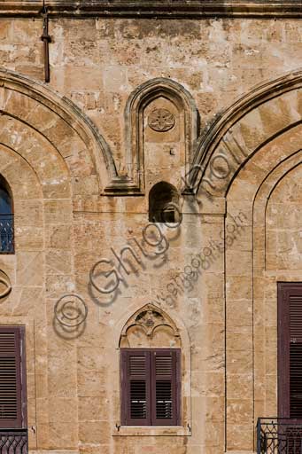 Palermo, The Royal Palace or Palazzo dei Normanni (Palace of the Normans): view of the North-East façade of the Pisan Tower. Architectural detail.