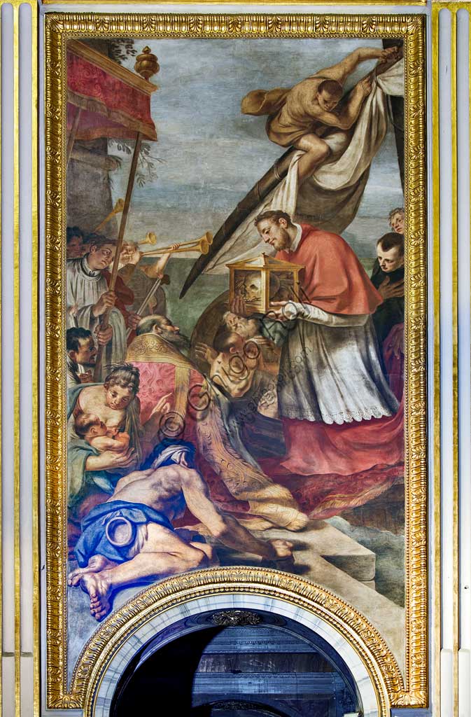 Basilica of St Andrew della Valle, paintings above the passages of the antechoir, frescoes representing episodes from the life of S. Andrew: "Arrival of the relic of St. Andrew in Ancona". Fresco by Carlo Cignani and Emilio Taruffi, realised after 1662.