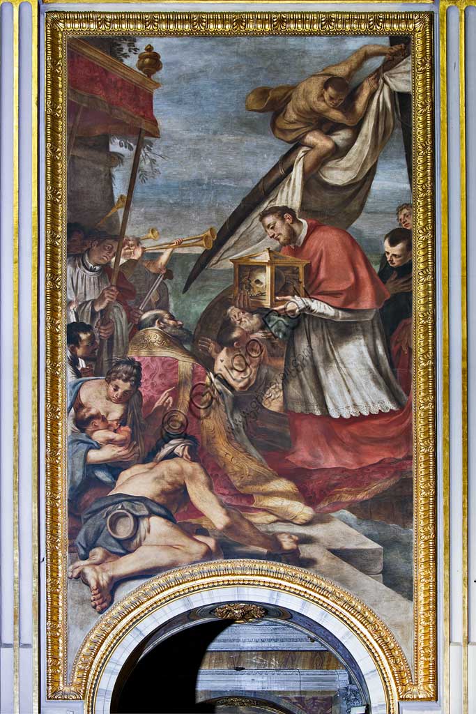 Basilica of St Andrew della Valle, paintings above the passages of the antechoir, frescoes representing episodes from the life of S. Andrew: "Arrival of the relic of St. Andrew in Ancona". Fresco by Carlo Cignani and Emilio Taruffi, realised after 1662.