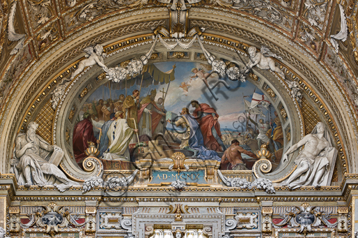 Genova, Duomo (Cattedrale di S. Lorenzo),  interno, cappella Cybo (braccio settentrionale del transetto): lunetta: "Arrivo delle ceneri di San Giovanni Battista", di L. Pogliaghi (1910).