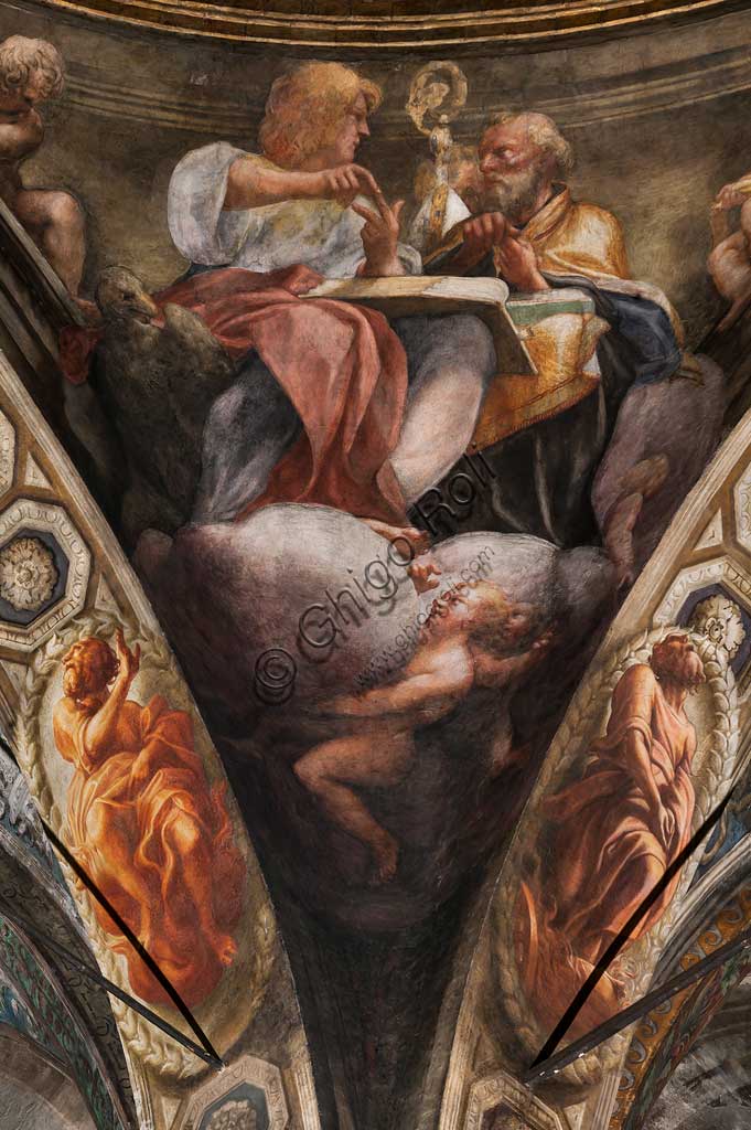 Parma, Church of San Giovanni Evangelista, the dome: "Ascension of Christ", by Giovanni Allegri, known as Correggio (1520-22). Detail with St. John and St. Gregory the Great.