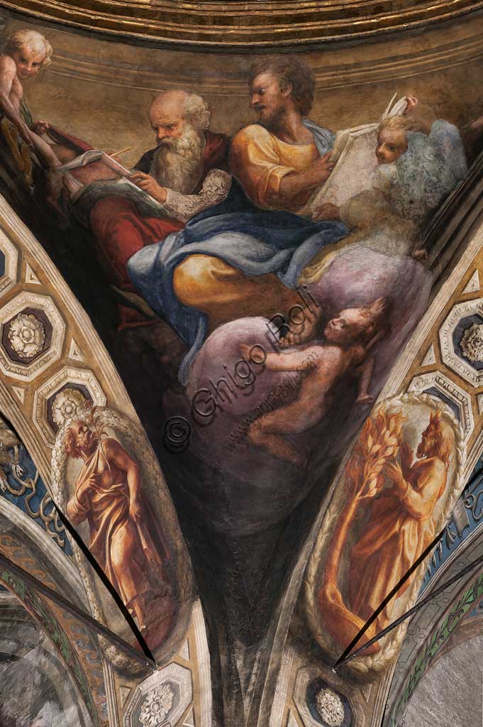 Parma, Church of San Giovanni Evangelista, the dome: "Ascension of Christ", by Giovanni Allegri, known as Correggio (1520-22). Detail with St Luke and St. Ambrose.