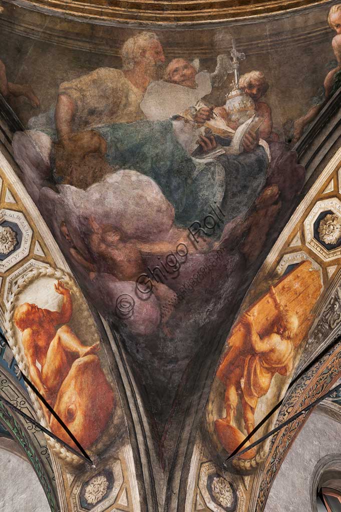 Parma, Church of San Giovanni Evangelista, the dome: "Ascension of Christ", by Giovanni Allegri, known as Correggio (1520-22). Detail with St. John and St. Augustine.