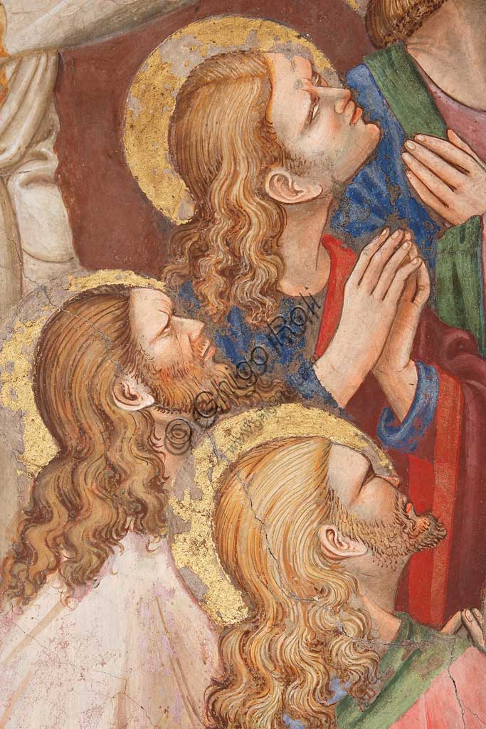 Vignola Stronghold, the Contrari Chapel, Eastern wall: "The Ascension of Christ". Fresco by the Master of Vignola, about 1420. Detail with male figures and saints.